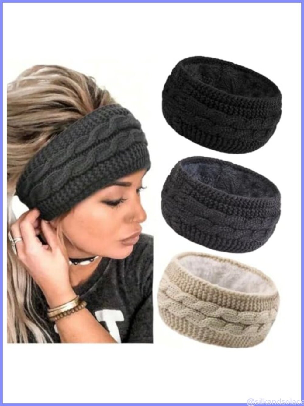 Cable Knit Winter Headband Ear Warmer Fleece Lined Acrylic